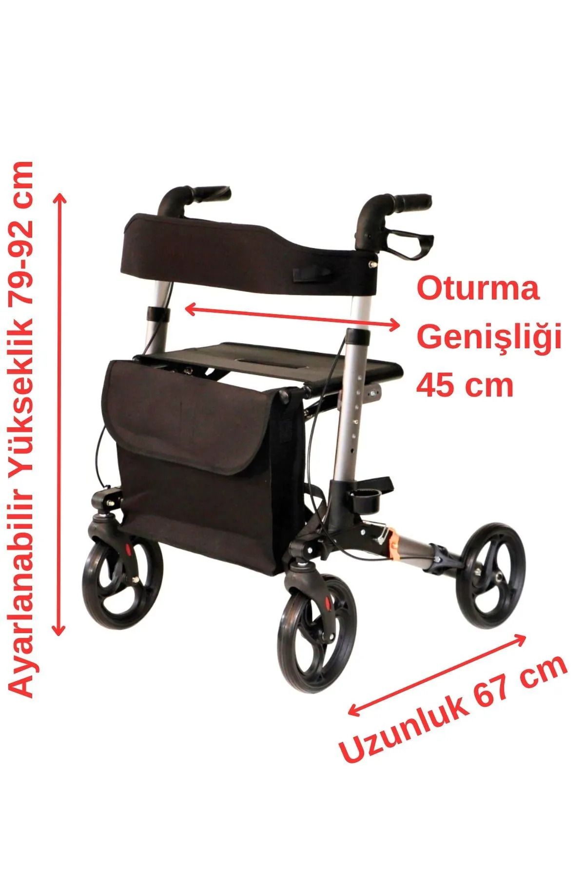 karagül Lüks Alüminyum Rolatör | Oturaklı Hasta Yürüteci | 4 Tekerli | Katlanabilir | Çantalı | Gümüş Renk