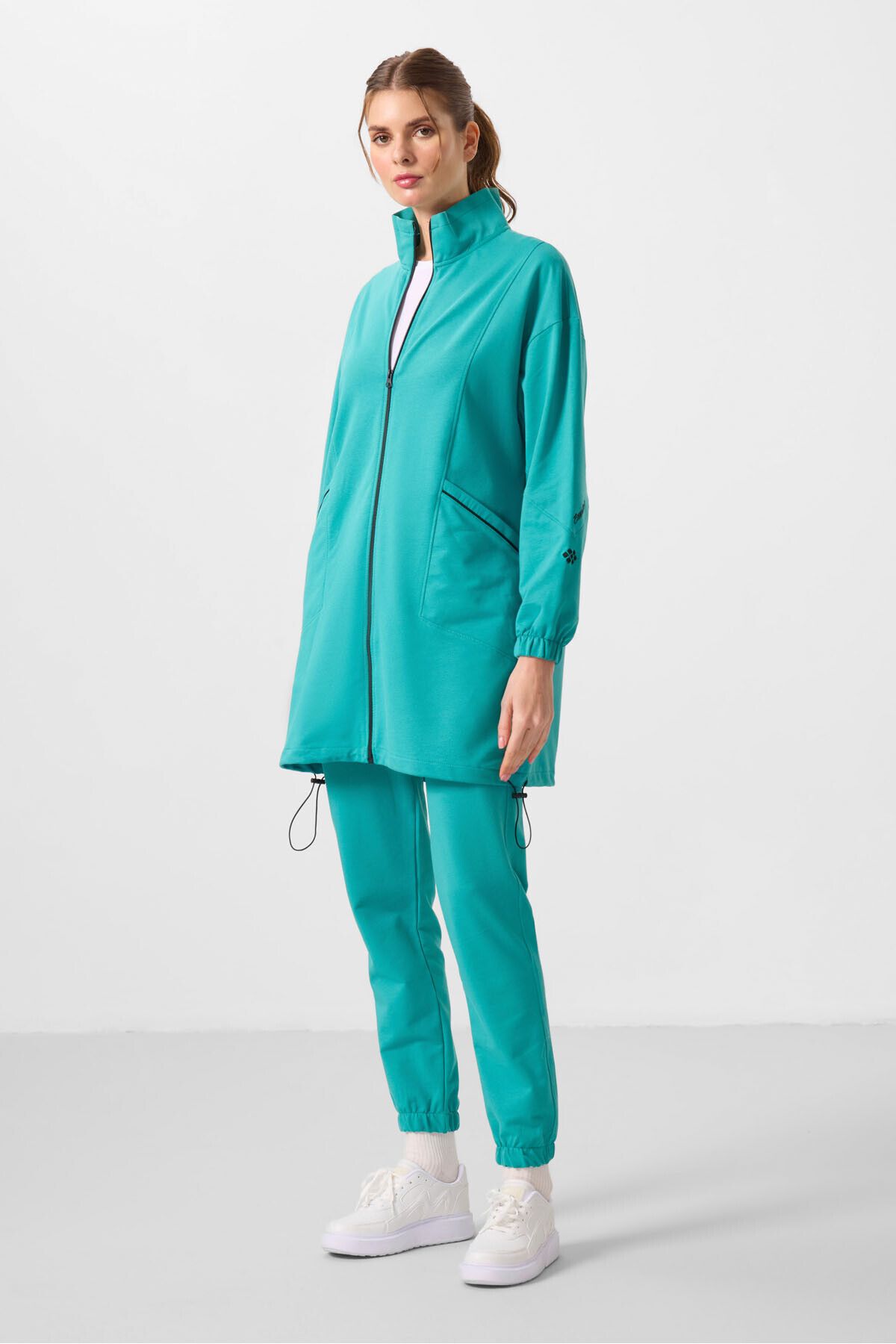 TOMMY LIFE-Sea Green Stand Collar Zippered Comfortable Form Women's Tracksuit Tunic Set - 95345 5