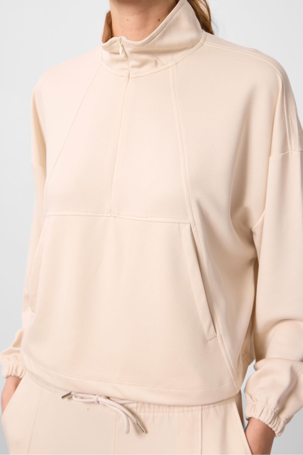 TOMMY LIFE-Beige Soft Stand Collar Oversize Women's Tracksuit Set 95351 6