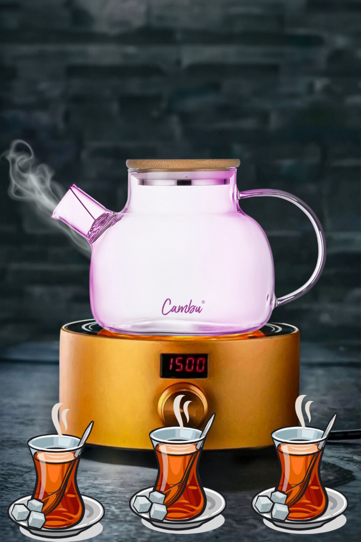 Mask Bambu 304 Çelik kaplama kapaklı Metal Süzgeçli Isıya Dayanıklı 1100ml Süzgeçli Lila Cam Demlik