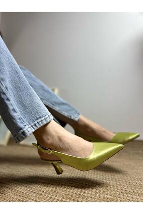 Satenora Powerpuff Desenli Yeşil Saten Topuklu Ayakkabı