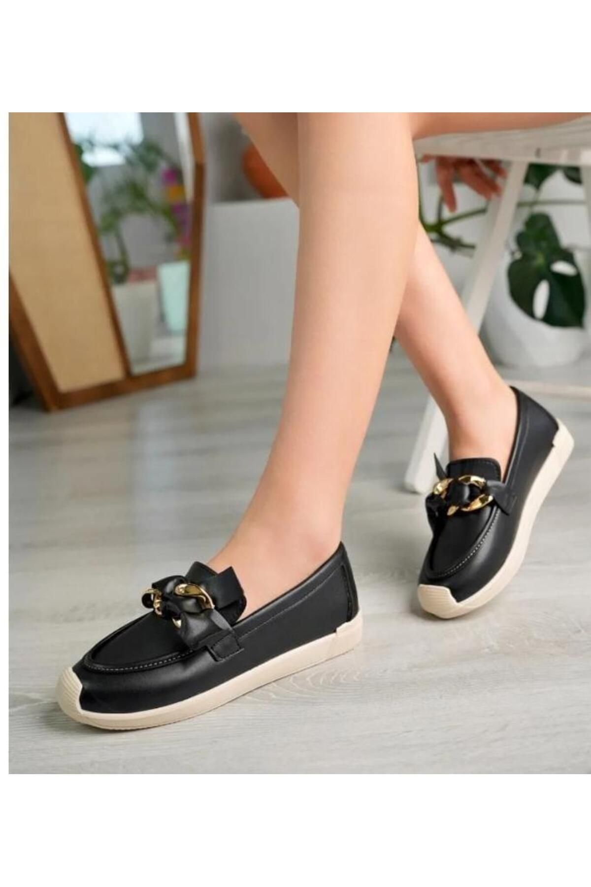 Nil Shoes Riwan Siyah Cilt Babet Ayakkabı