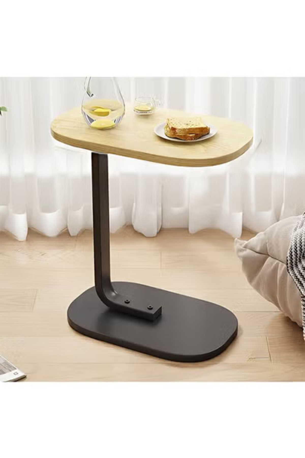 Taimi-C-Shaped Side Table Elegant Design with Metal Frame,45x30x60cm - Wooden Color With Black Frame 4