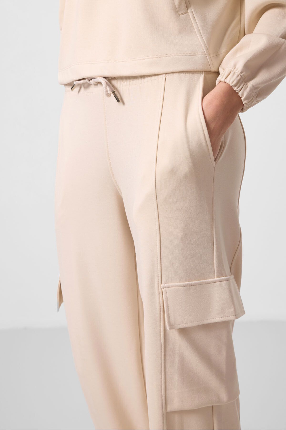 TOMMY LIFE-Beige Soft Stand Collar Oversize Women's Tracksuit Set 95351 4