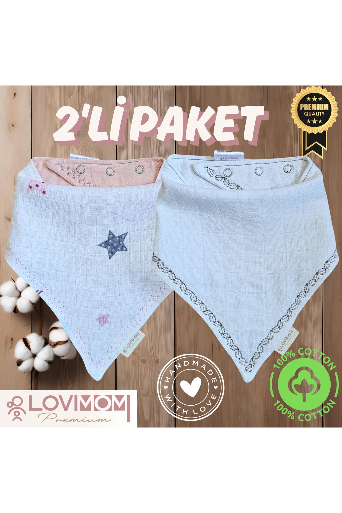 lovimom 2'li Paket Premium %100 Pamuk Ekstra Soft 2 Kat Müslin Bebek Fuları Salya & Mama Önlüğü 3 Çıtçıtlı