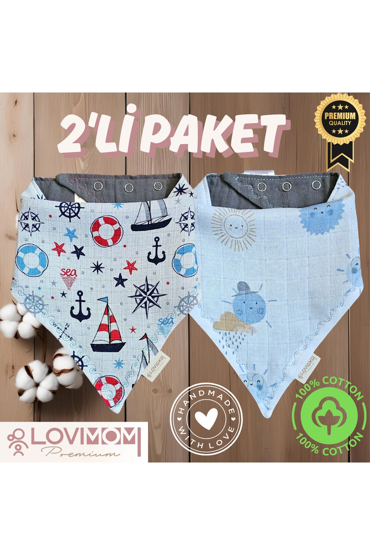 lovimom 2'li Paket Premium %100 Pamuk Ekstra Soft 2 Kat Müslin Bebek Fuları Salya & Mama Önlüğü 3 Çıtçıtlı