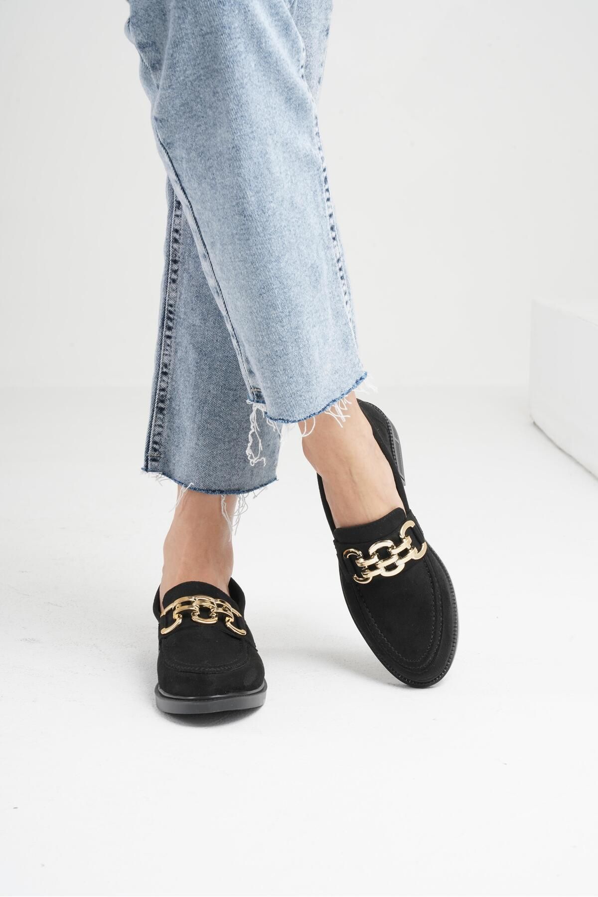 Beyond-Women's Black Suede D Buckle Loafer 3cm Byndlfrk01 Moccasin Shoes 1