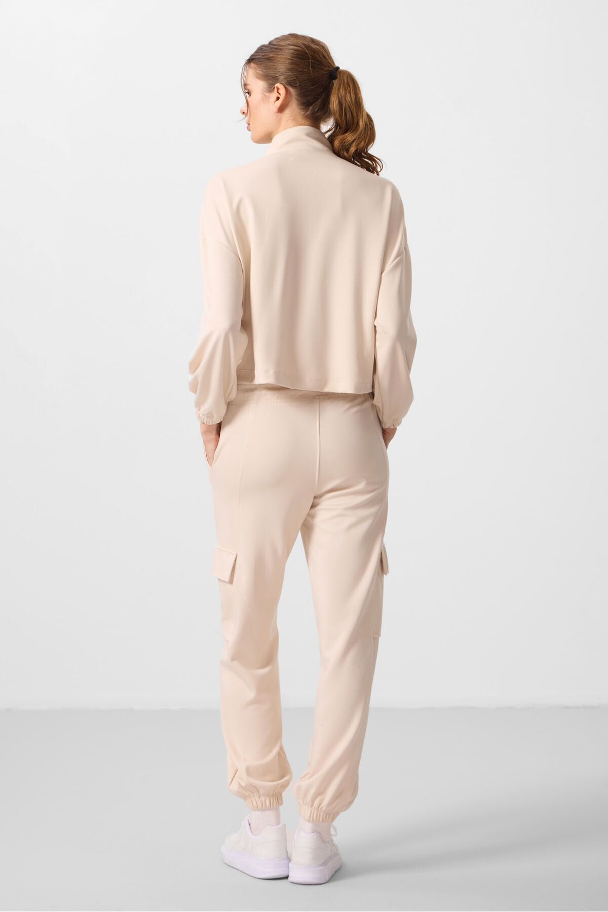 TOMMY LIFE-Beige Soft Stand Collar Oversize Women's Tracksuit Set 95351 7