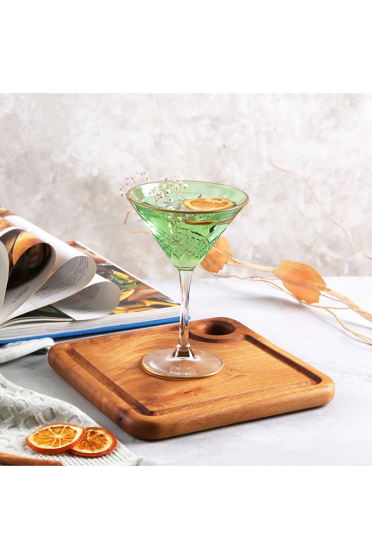 ADAMODART-Gilded Decorated Martini Cocktail Glass & Goblet Set of 2 - Green 5