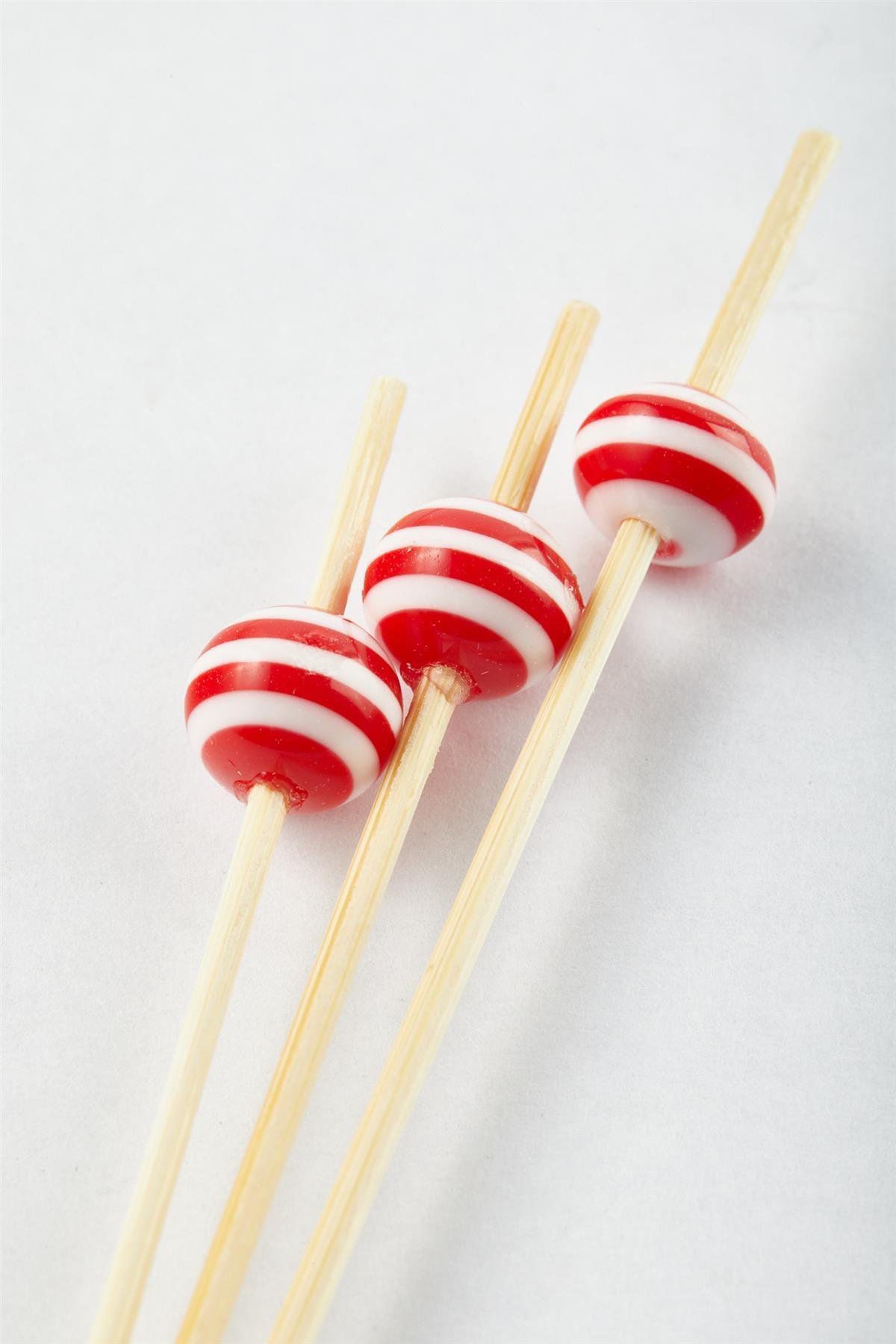 yuandong Bambu Kırmızı Beyaz Boncuklu 12 Cm Kürdan (50'li)