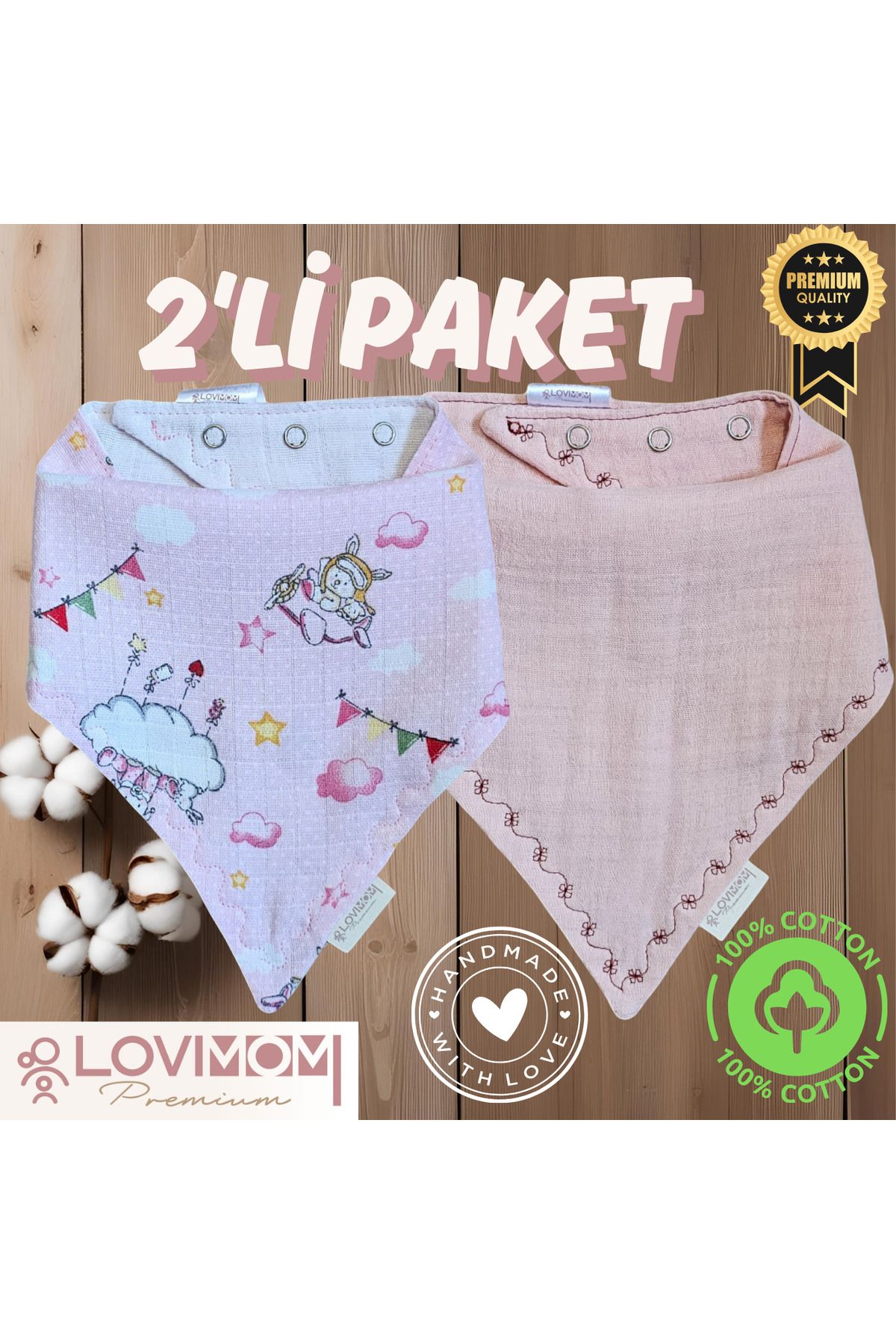 lovimom 2'li Paket Premium %100 Pamuk Ekstra Soft 2 Kat Müslin Bebek Fuları Salya & Mama Önlüğü 3 Çıtçıtlı