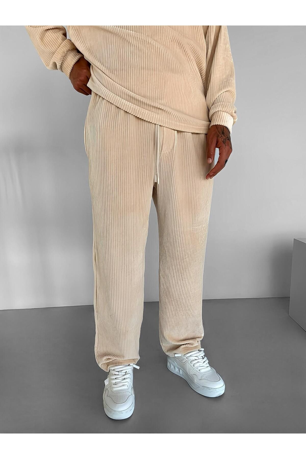ablukaonline-Jogger pentru bărbați bej - Pantaloni din velur elastic, confortabili, cu talie elastică 2
