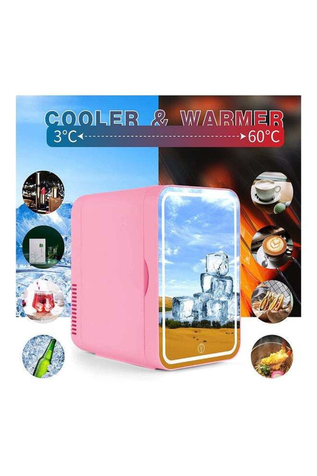 COOYA-Mini Cosmetic Makeup Refrigerator With LED Light Mirror Pink 3