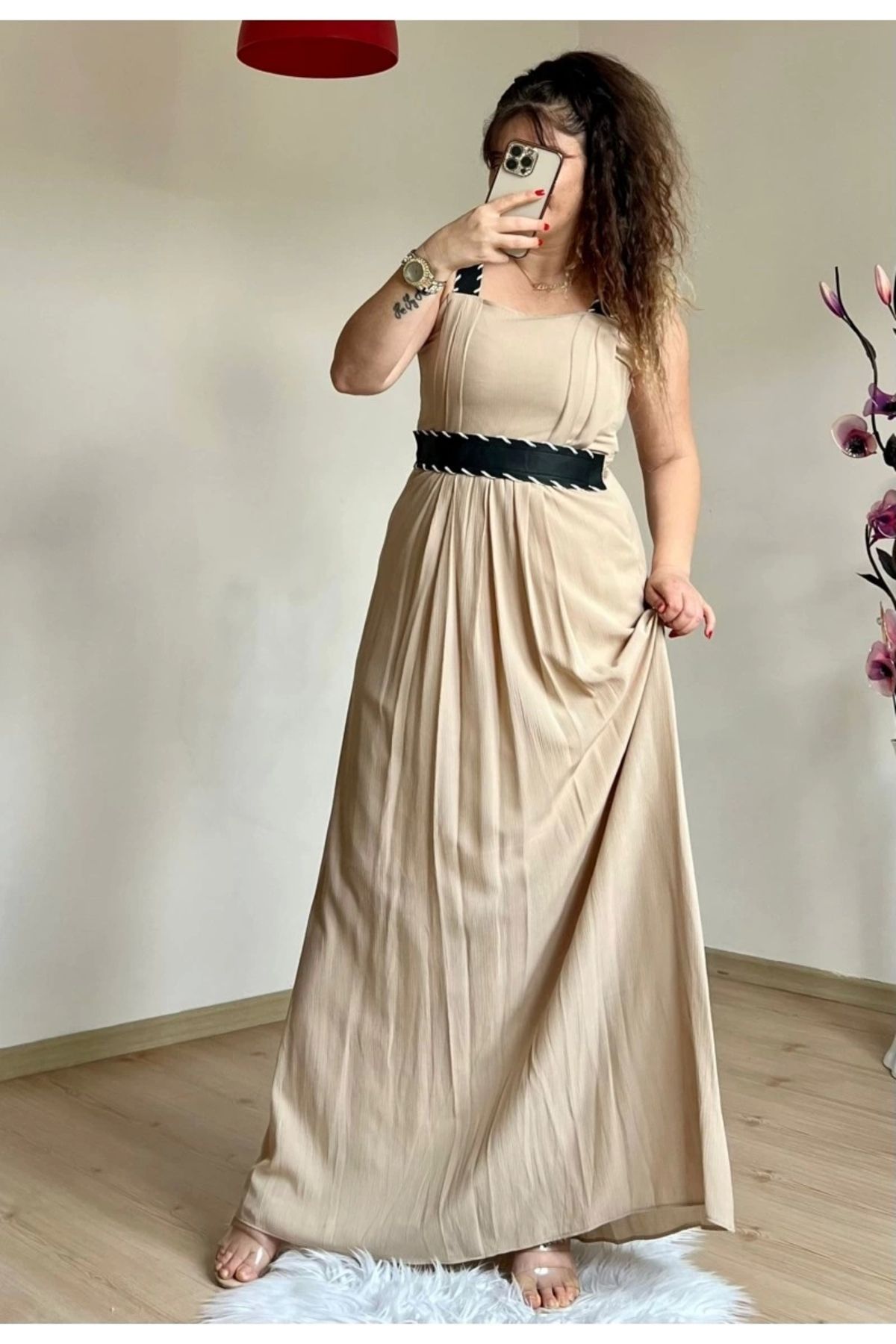 AZRA BUTİK-Strappy Leather Belt Dress Beige 3