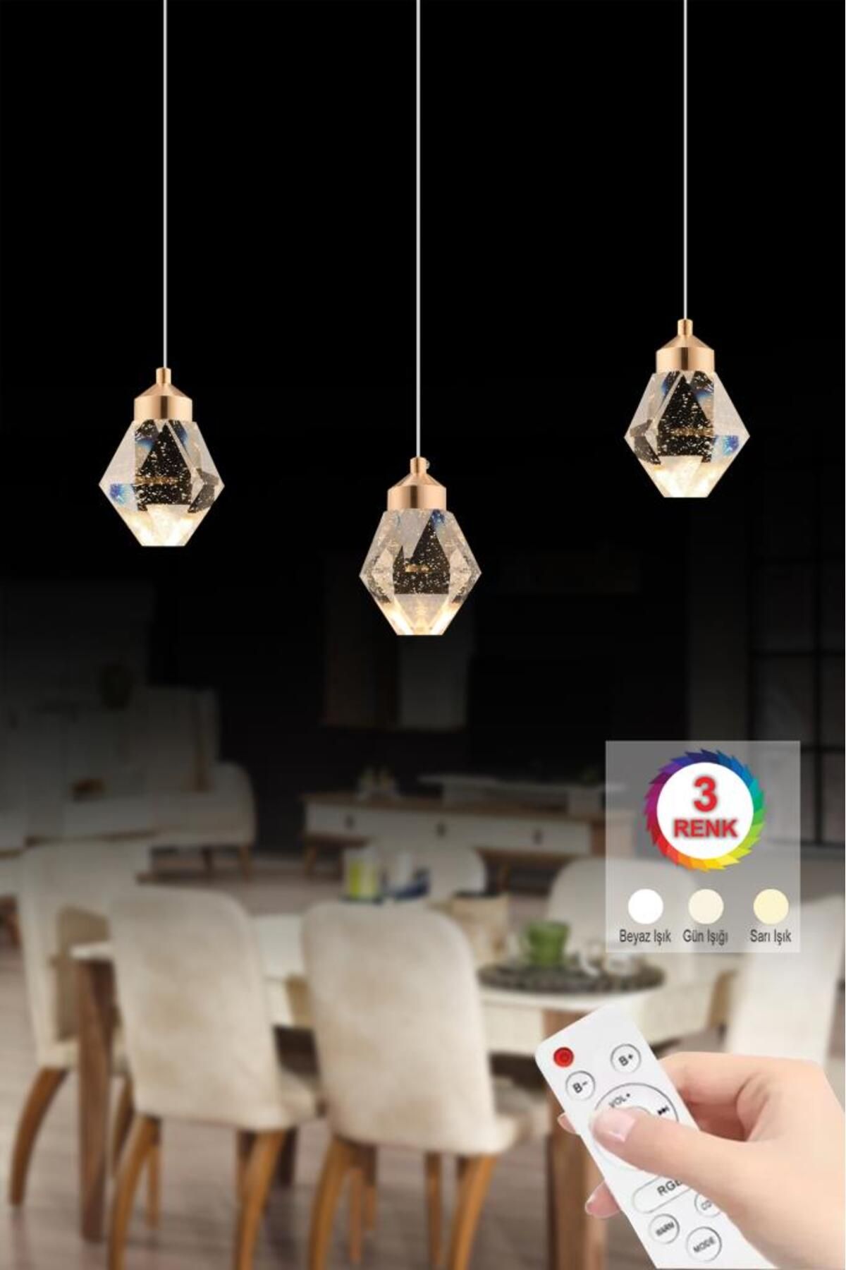 İstanbul Avize İstanbul Avize Kabarcıklı Liya Yemek Masası Kumandalı 3'lü Gold 3 Renk Ledli Modern Led Avize