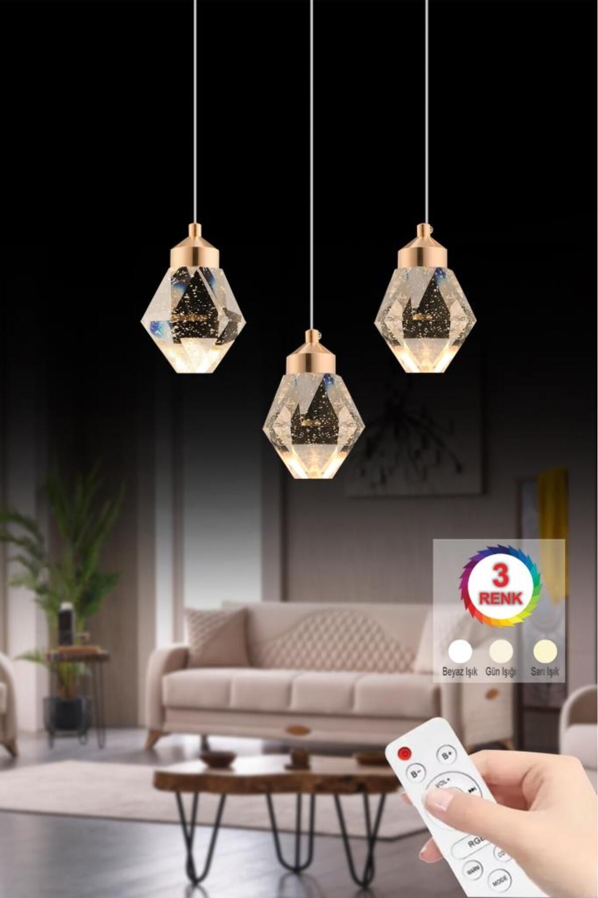 İstanbul Avize İstanbul Avize Kabarcıklı Liya 3'lü Gold Kumandalı 3 Renk Ledli Modern Led Avize