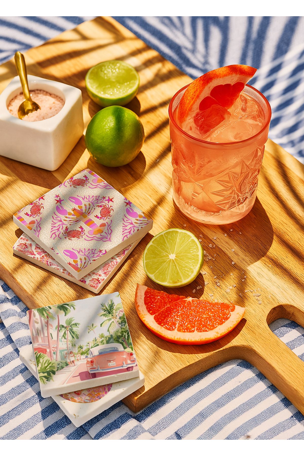 arslart Retro Disco Topu ve Plaj Temalı Doğal Taş Bardak Altlığı 4’lü Set, Renkli Masa Sunum Ürünü