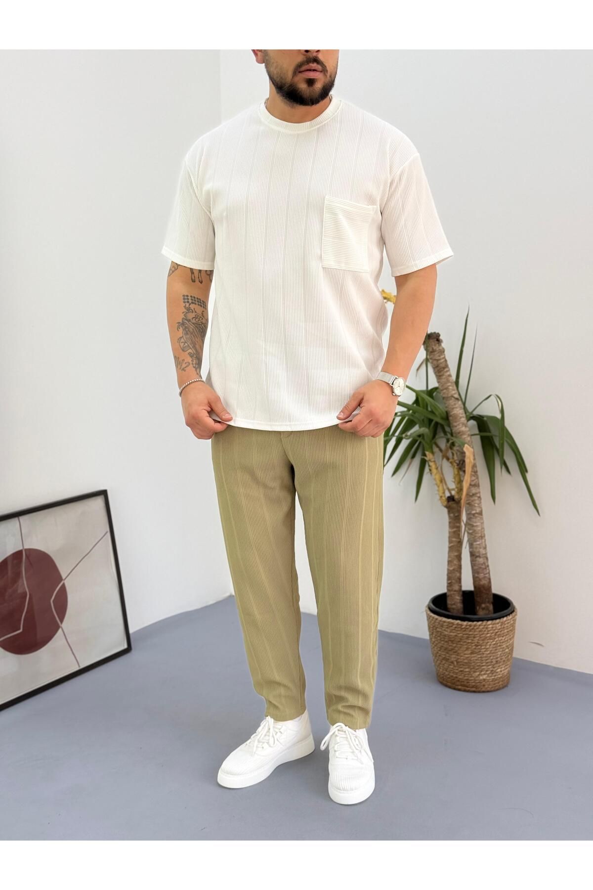 Combineman35-White Khaki Reported Ottoman Fabric Single Pocket T-Shirt-Pants Set of 2 with Back Single Pocket 4