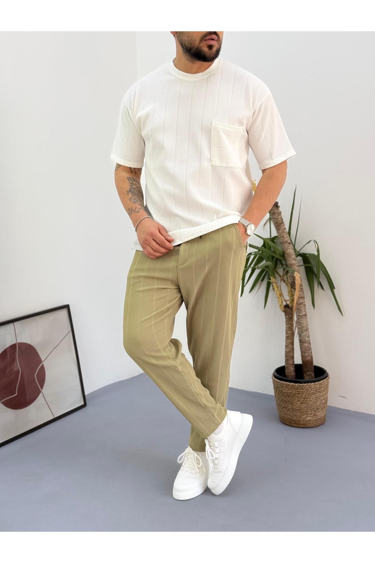 Combineman35-White Khaki Reported Ottoman Fabric Single Pocket T-Shirt-Pants Set of 2 with Back Single Pocket 3
