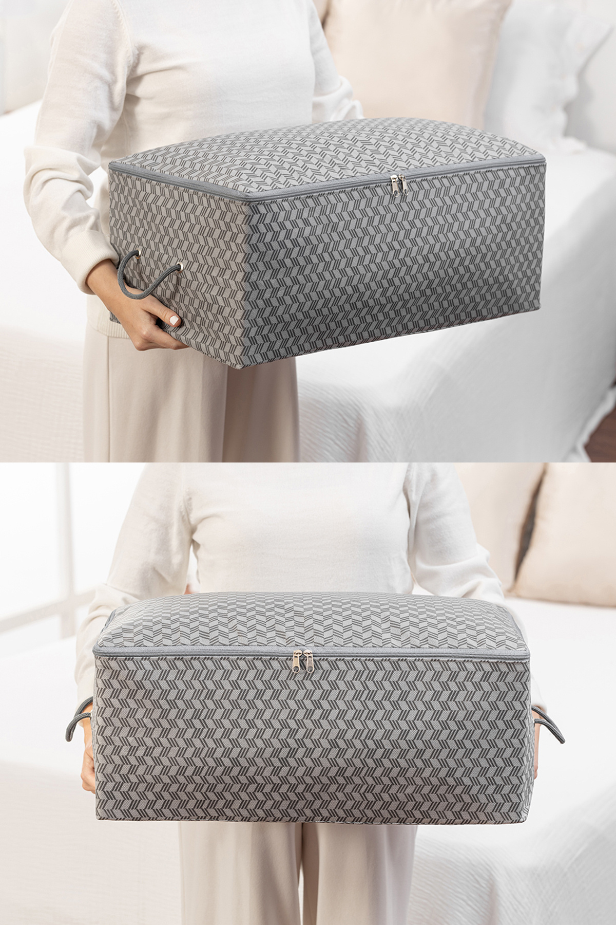 REKHOME-Set of 2 Medium Size Herringbone Patterned Gray under Base Sofa Bed Sweater Pique Organizer Blanket Pouch 6
