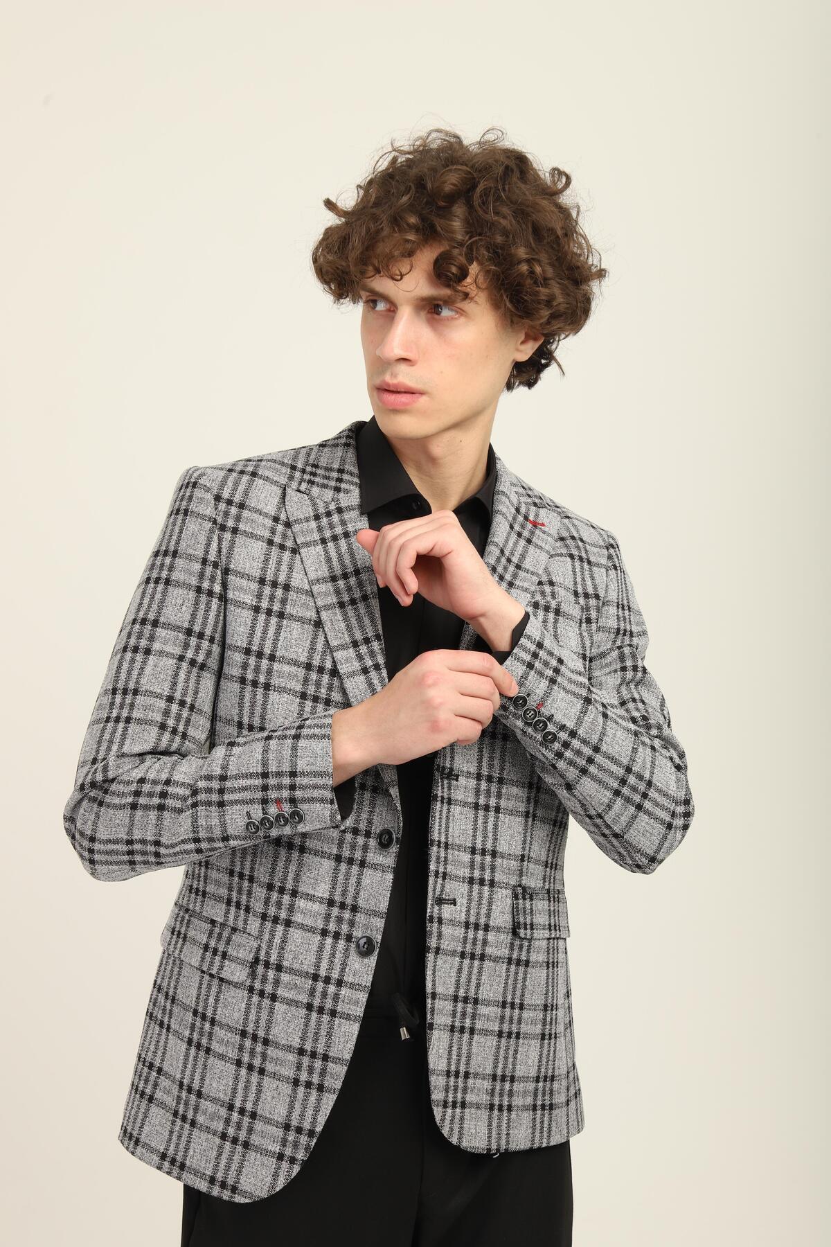 AGUSTİNİ-Turquoise Color Checkered Pattern, Two Buttons Double Slit Pointed Collar Slim Fit Single Jacket |   Agustini 3
