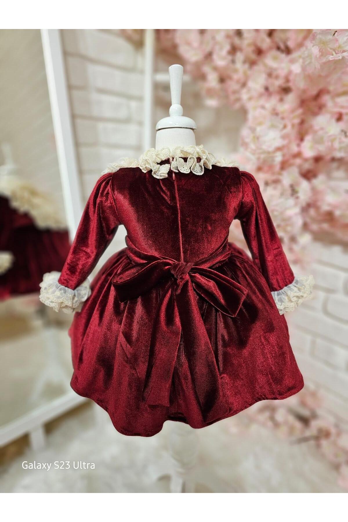 Hly Karol Tasarım Bordo Kadife Kız Bebek Elbisesi,Doğum günü elbise,fotoğraf çekim elbisesi,0-12 Yaşa Uygun fotoğrafı 4 (önizleme)