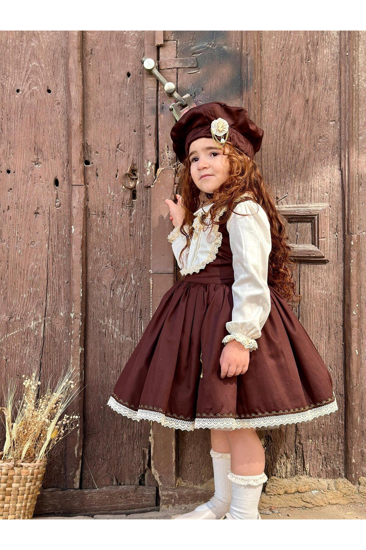 Hly Karol Tasarım Balkabağı Kahve Retro Vintage Kız Çocuk Elbisesi Özel Dikim,Doğum Günü 0-12 Yaş uygun fotoğrafı 4 (önizleme)