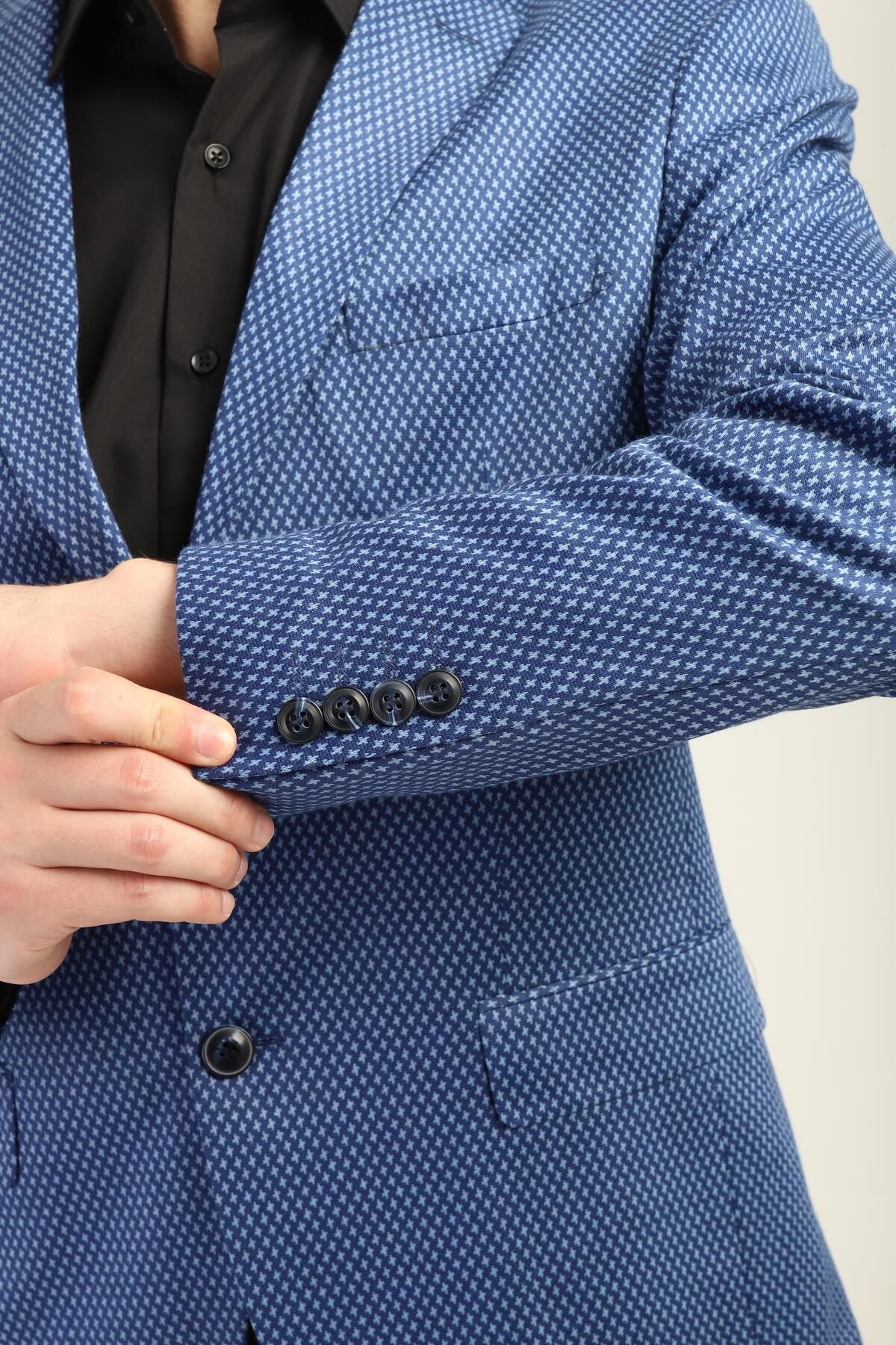 AGUSTİNİ-Blue Color Self Pattern Mono Collar Two Buttons Double Slits Single Jacket Medium Fit Tooling |   Agustini 3