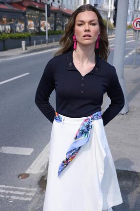 Desen Triko Kadın Polo Yaka Yakası Nakışlı Yazlık Triko Bluz Lacivert