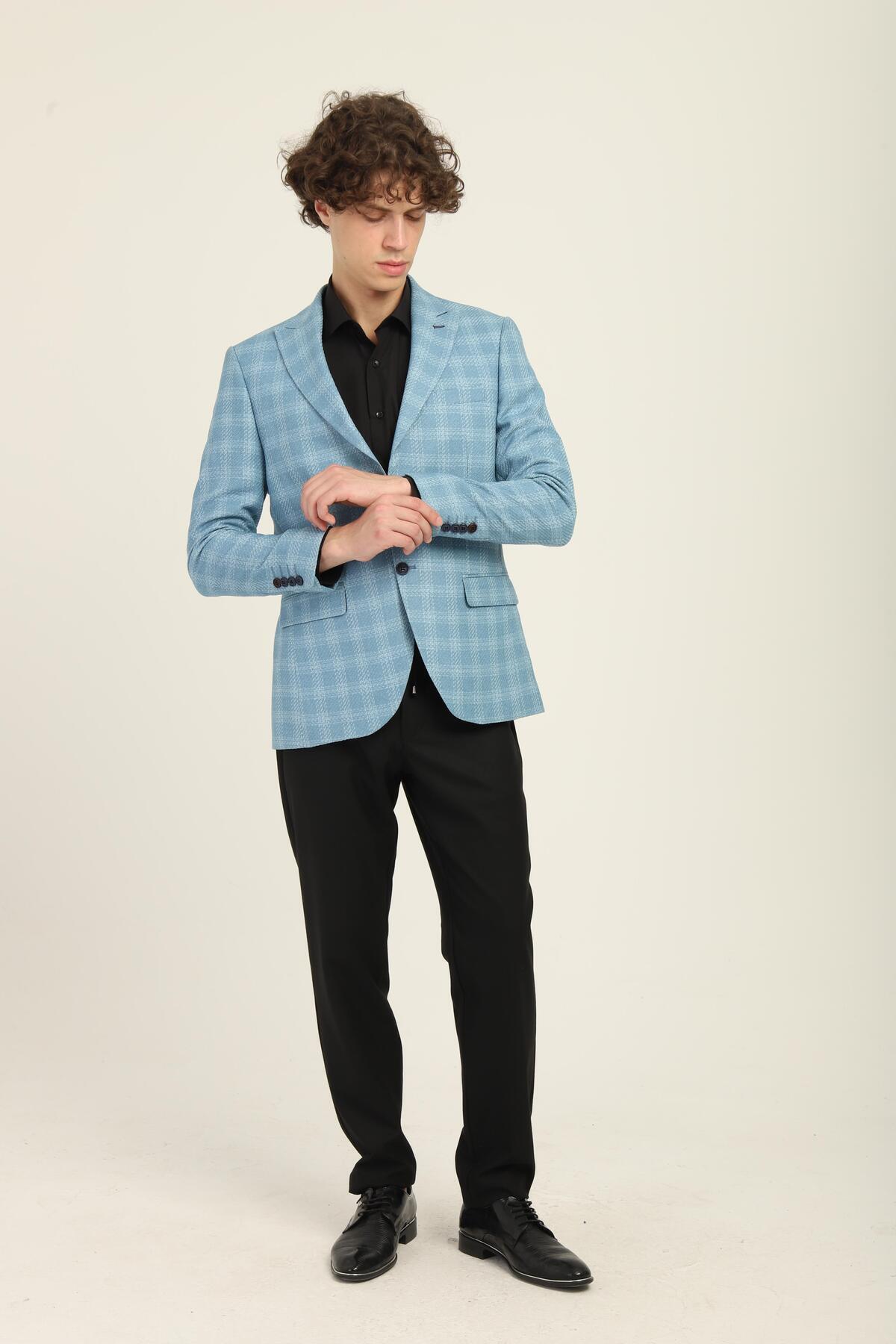 AGUSTİNİ-Turquoise Color Checkered Pattern, Two Button Double Slit Pointed Collar Slim Fit Single Jacket |   Agustini 4