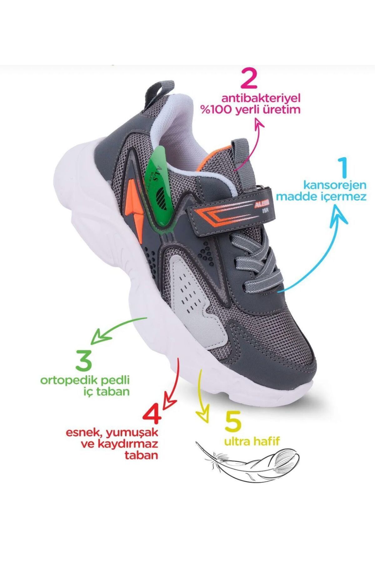 Alessio-Boy's Smoked Full Orthopedic Velcro Sports Shoes Sneaker 3