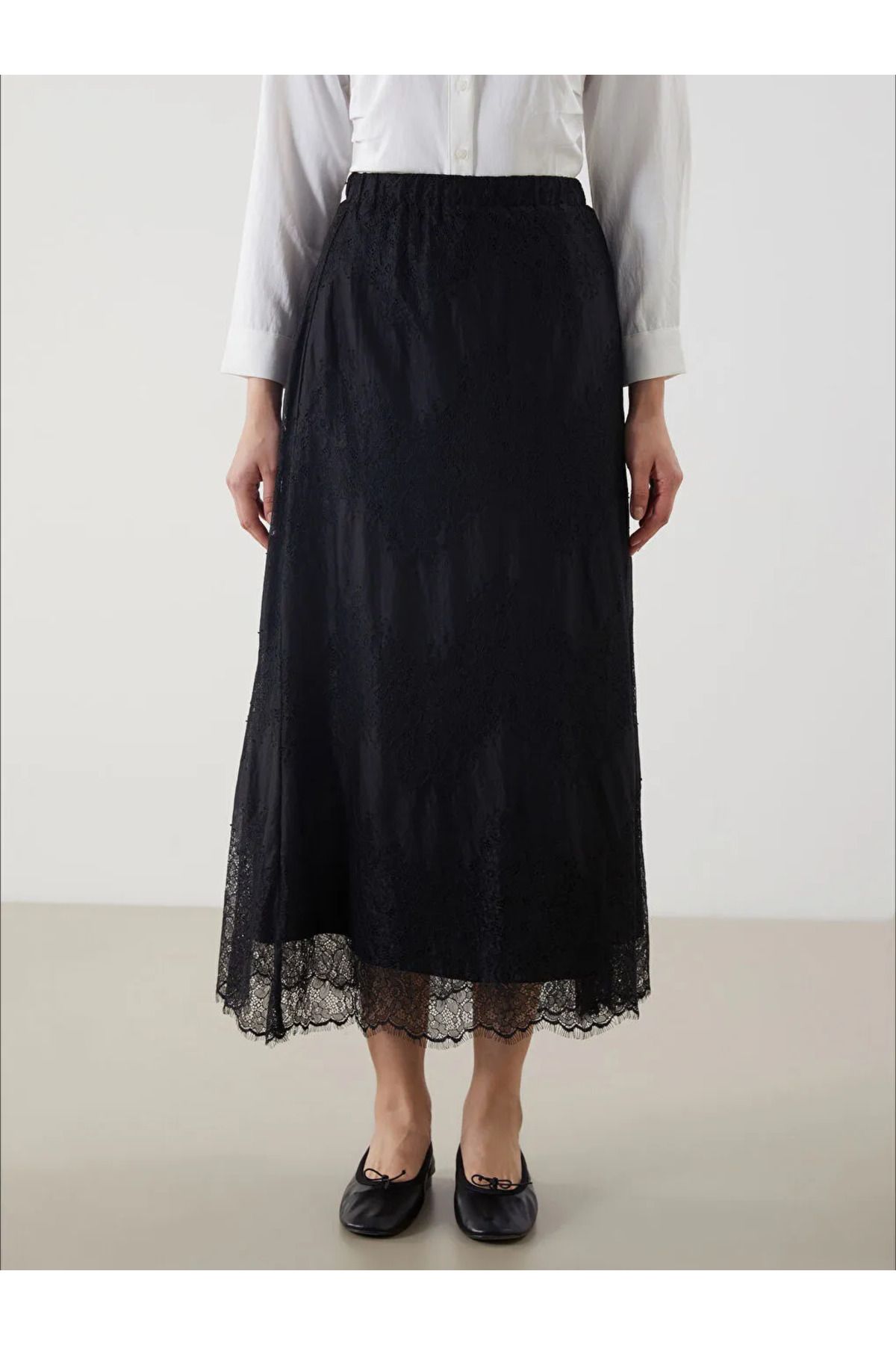 LC Waikiki-Lcw Modest Black Elastic Waist Self Patterned Brode Skirt 2