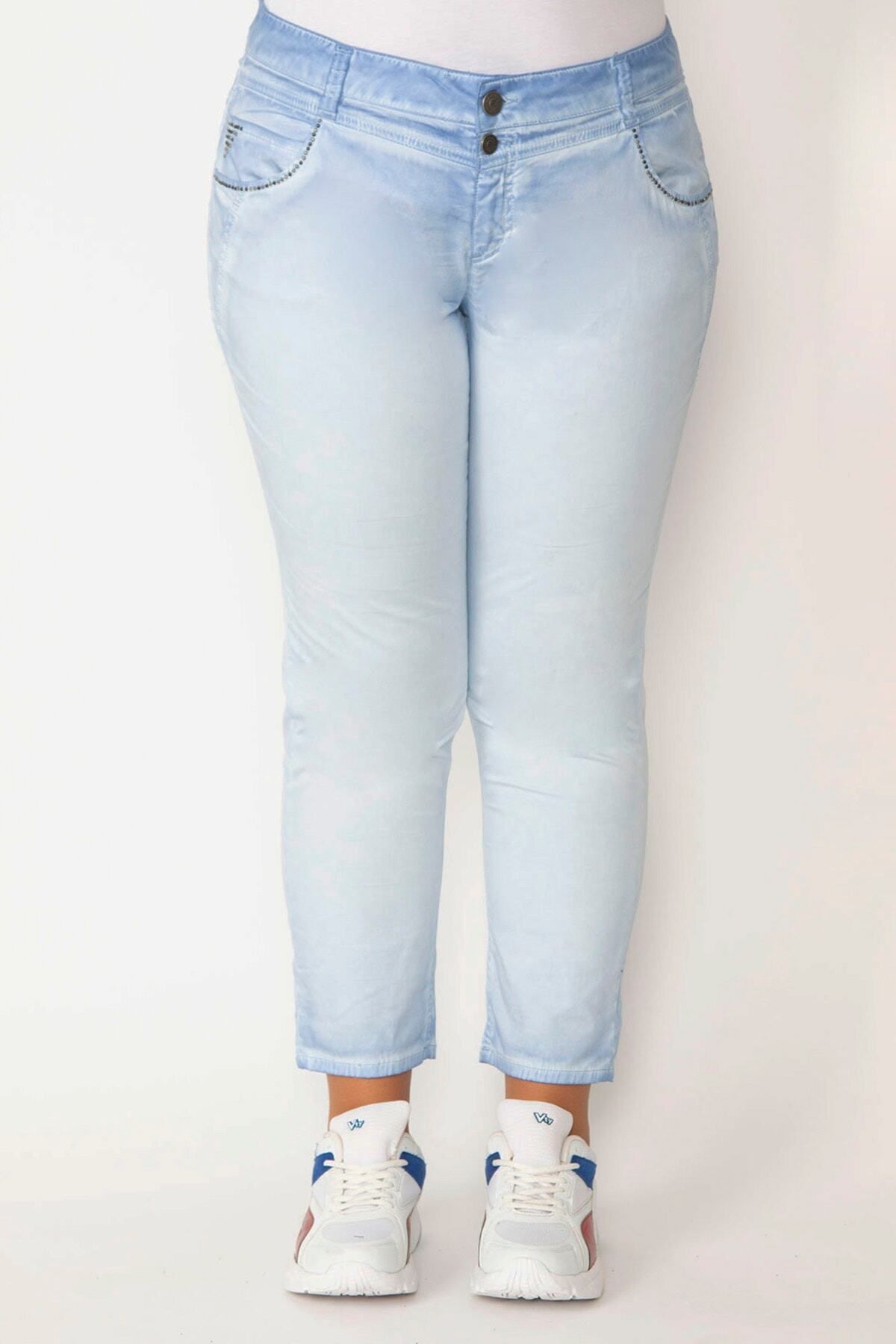 Şans-Pantaloni de damă cu efect de spălare albastru cu detalii de piatră 65N27622 4