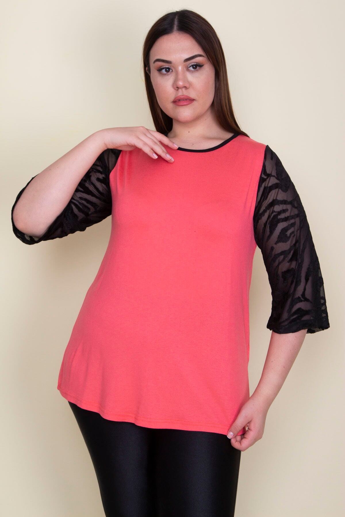 Şans-Women's Large Size Pomegranate Sleeves Flocked Tulle Detailed Viscose Blouse 65n25580 3