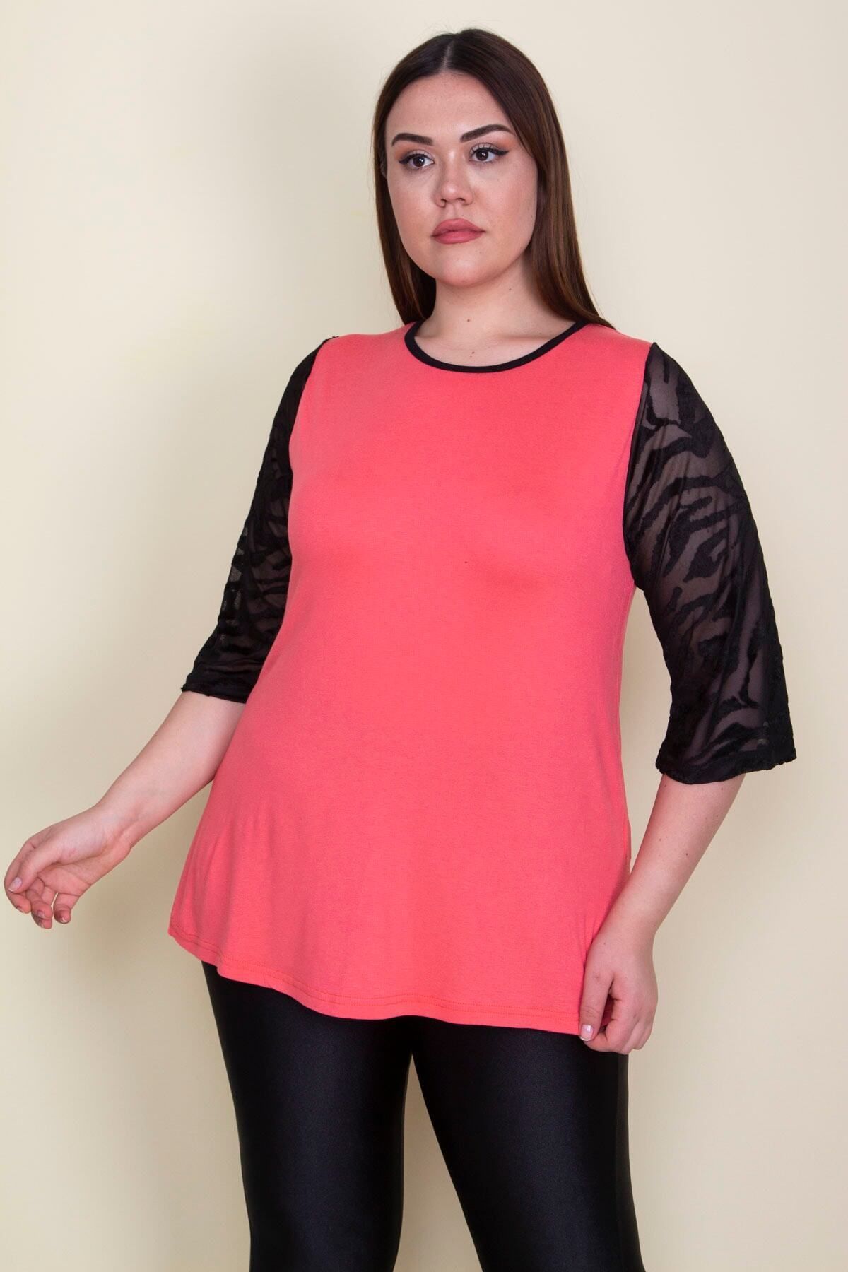 Şans-Women's Large Size Pomegranate Sleeves Flocked Tulle Detailed Viscose Blouse 65n25580 4