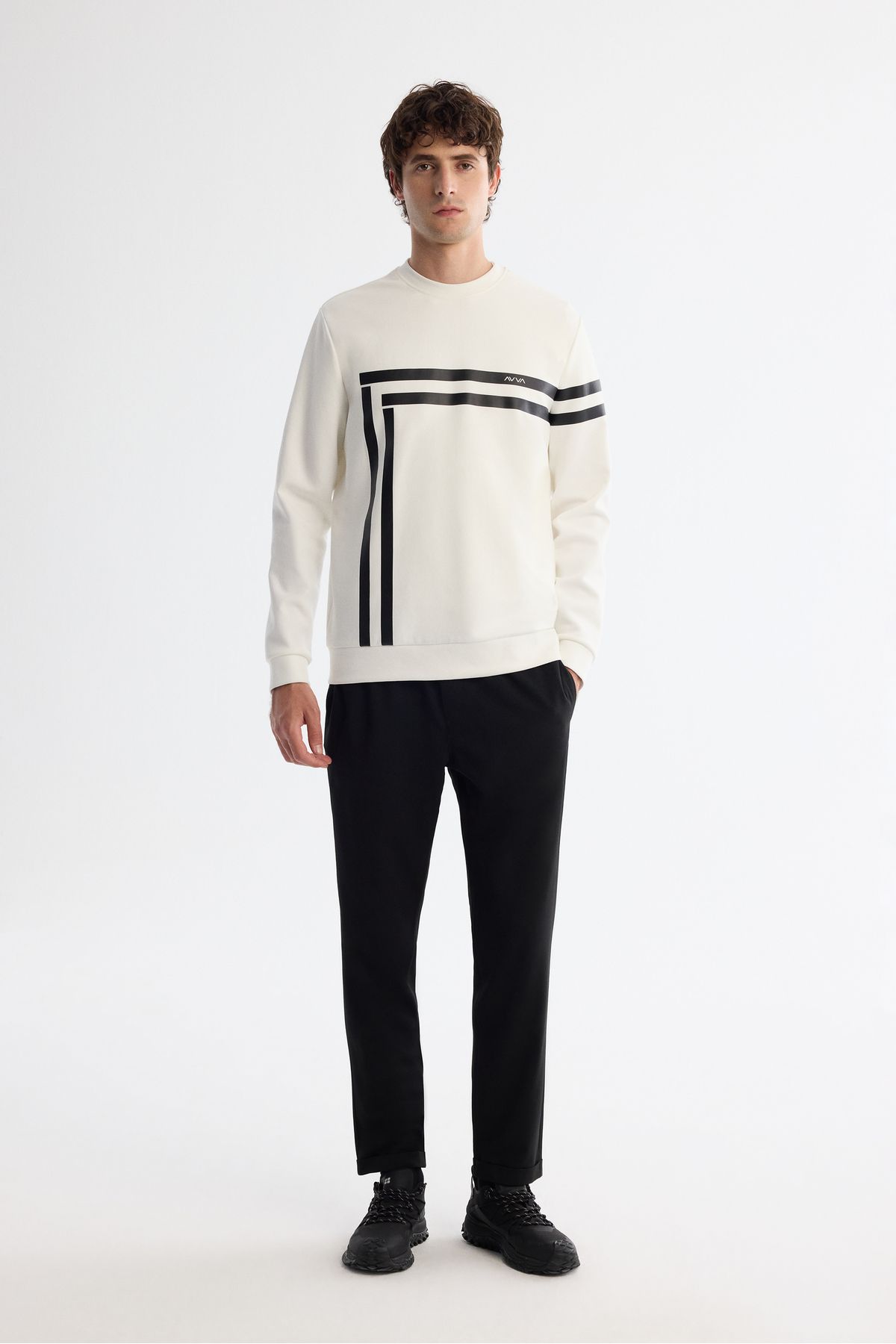 Avva-Ανδρικό φούτερ Ecru Crew Neck Βαμβακερό εμπριμέ ελαστάνη A42y1284 4