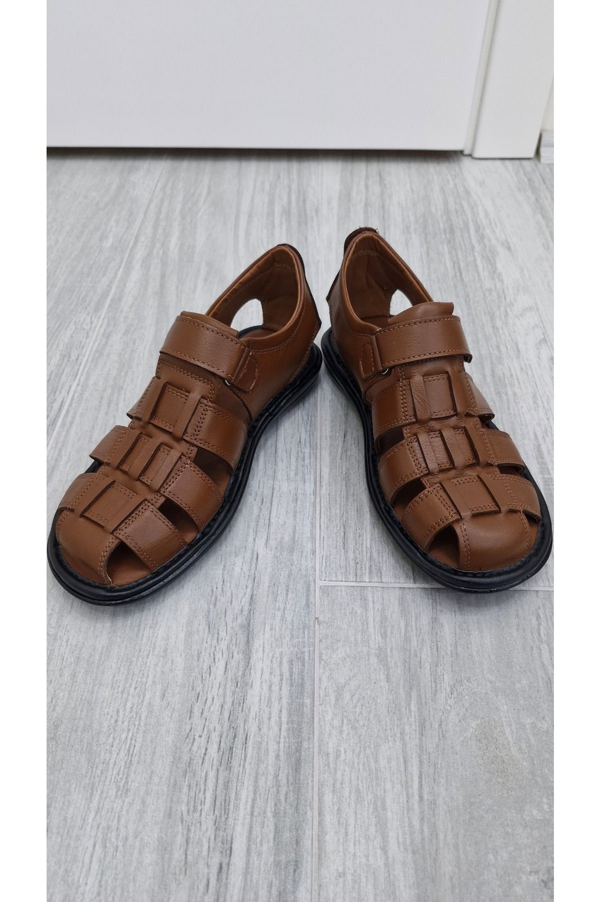 MODESA BY KAVCAR Hakiki Gerçek Deri Erkek Sandalet Yazlık Hafif Terletmez Sandalet Deri Taba