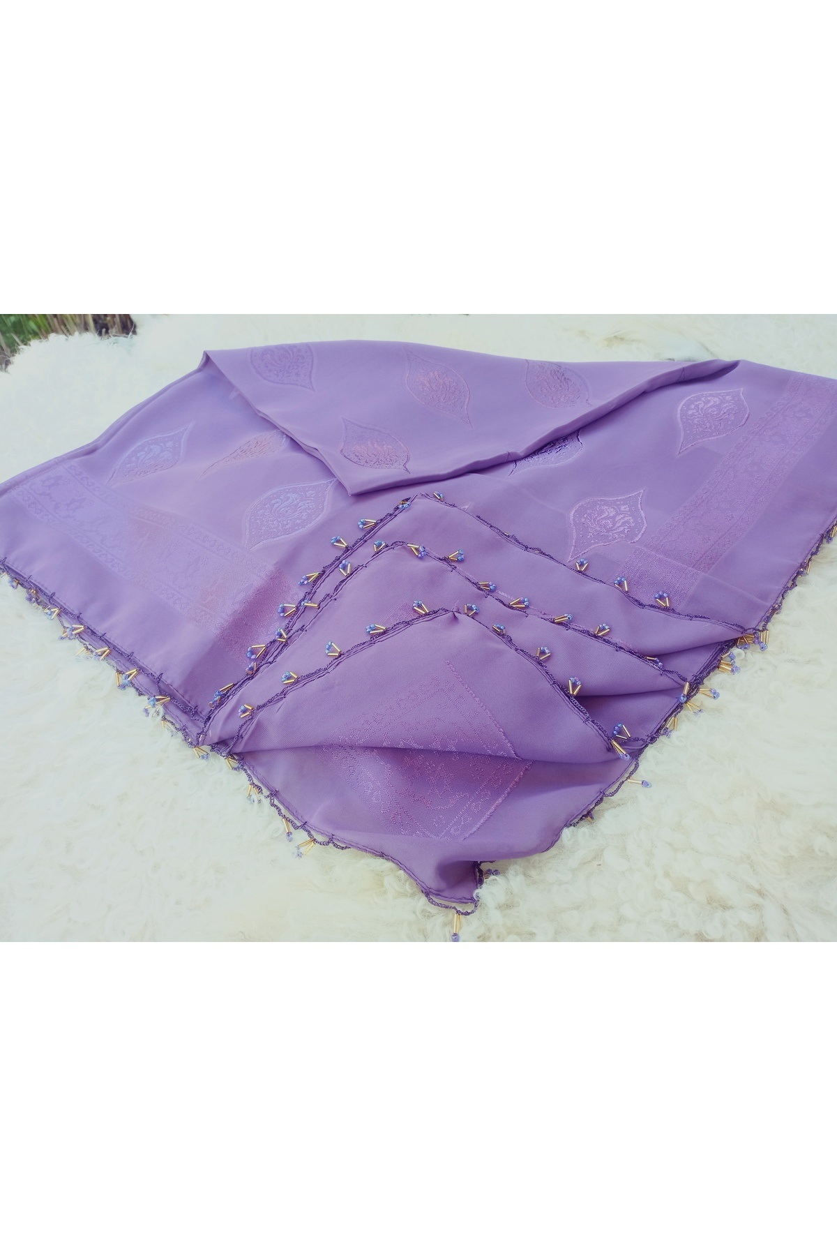 hoaryage-Handmade Crochet Patterned Jacquard Scarf Beaded Scarf on Fabric 3