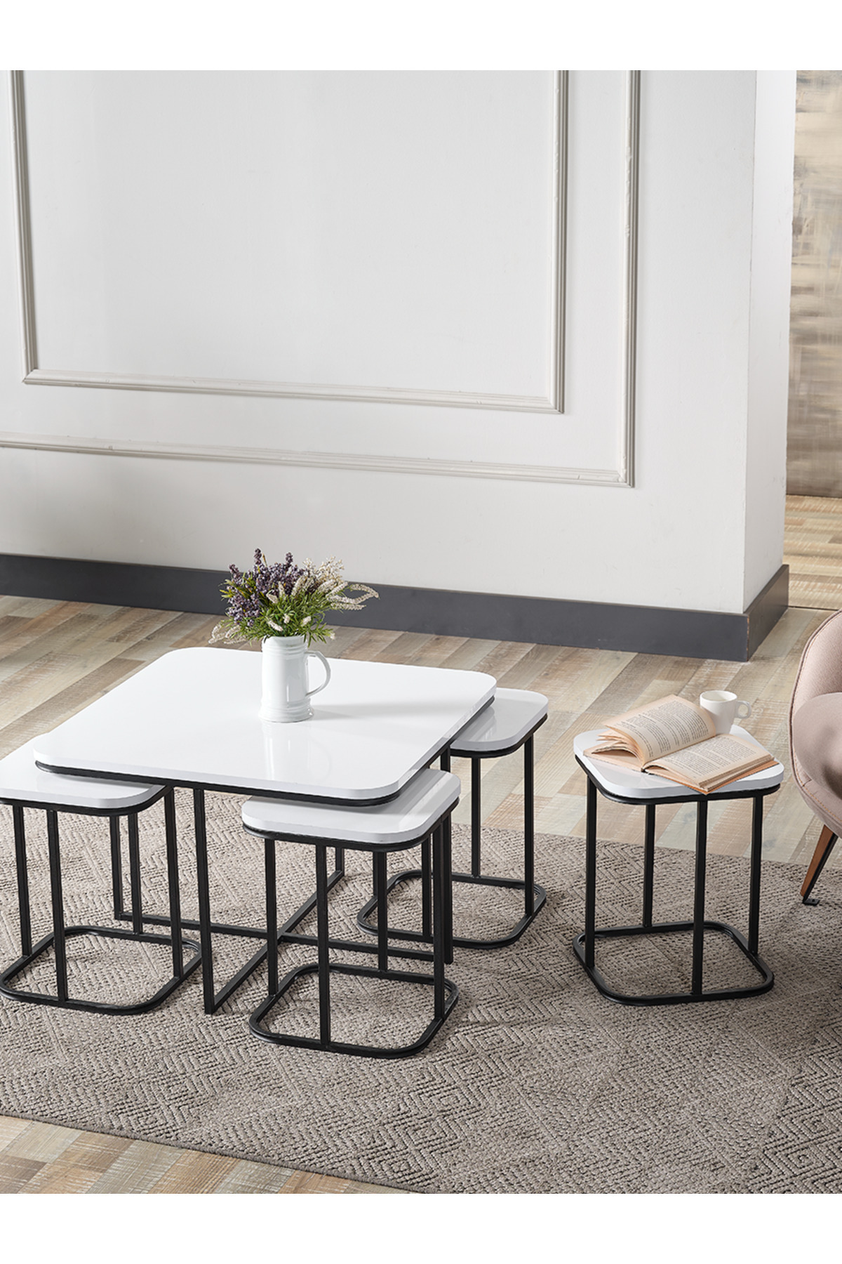 5 Li Sehpa Beyaz Ahşap Siyah Metal Ayak Takım Sehpa Orta Sehpa Bohem lüx