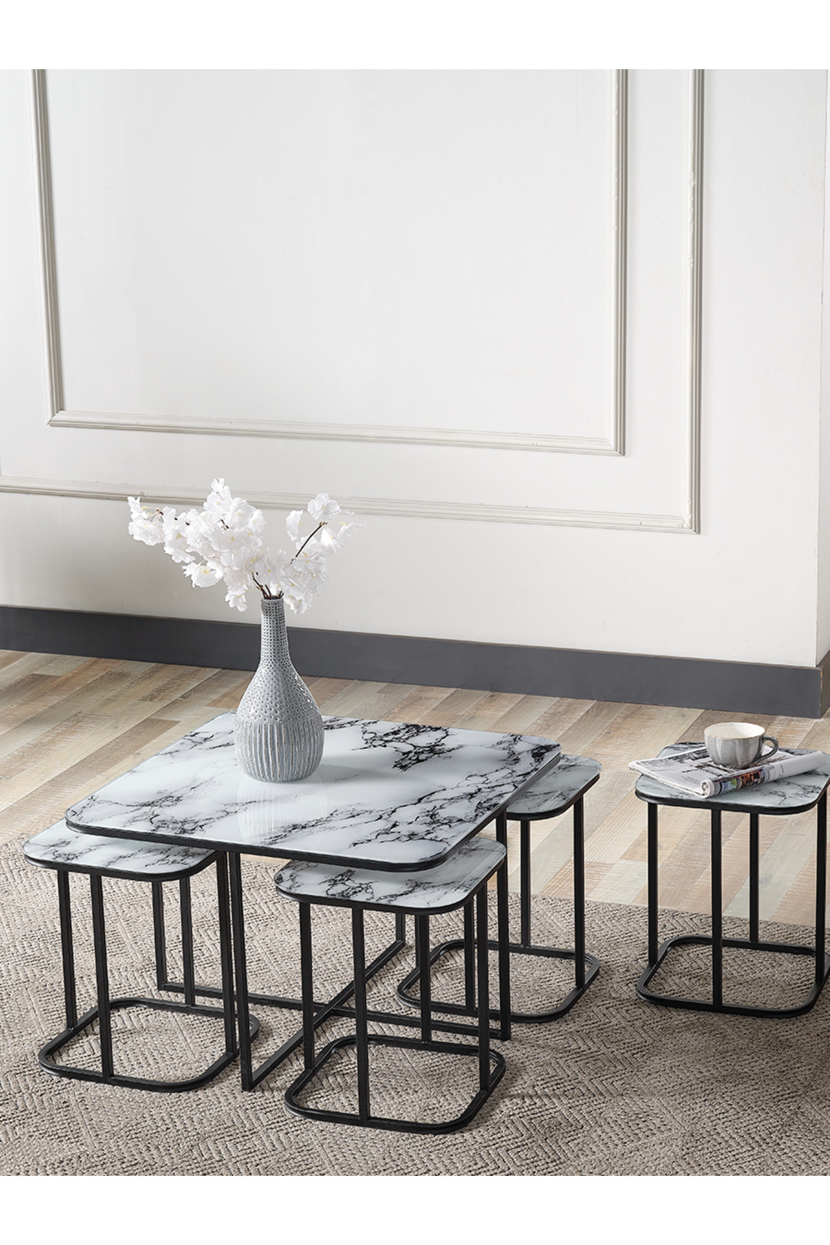5 Li Iç Içe 4 1 Beyaz Mermer Temperli Cam Siyah Metal Ayak Takım Sehpa Orta Sehpa