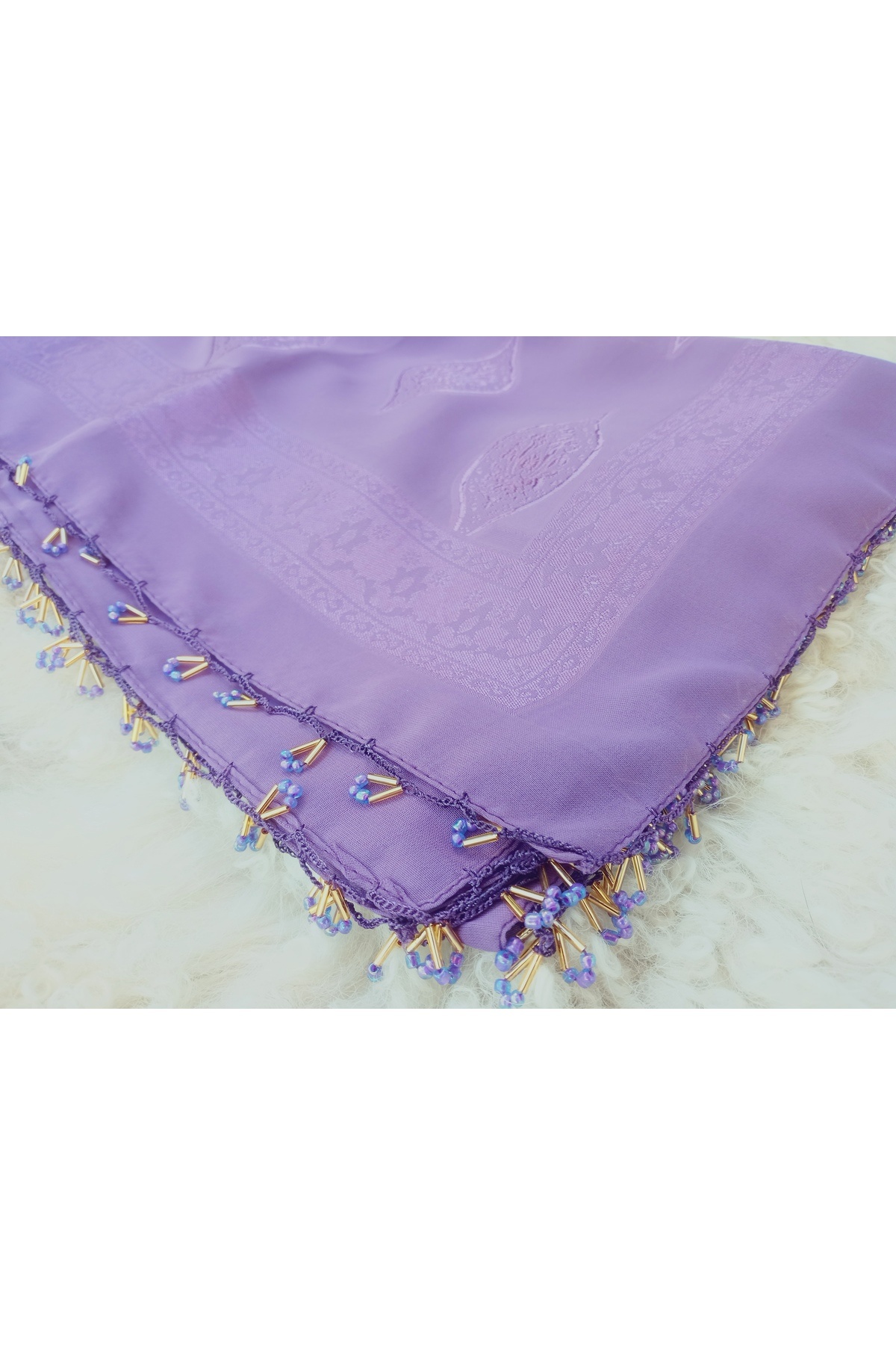 hoaryage-Handmade Crochet Patterned Jacquard Scarf Beaded Scarf on Fabric 6