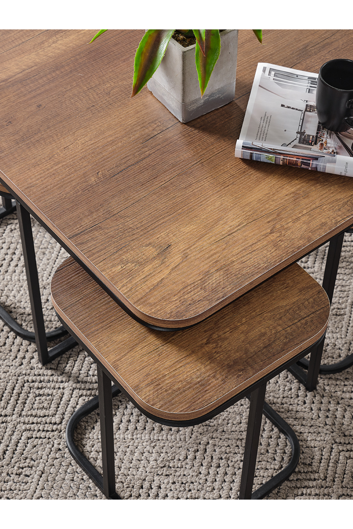 5 Li Sehpa Ahşap Siyah Metal Ayak Takım Sehpa Orta Sehpa Bohem lüx