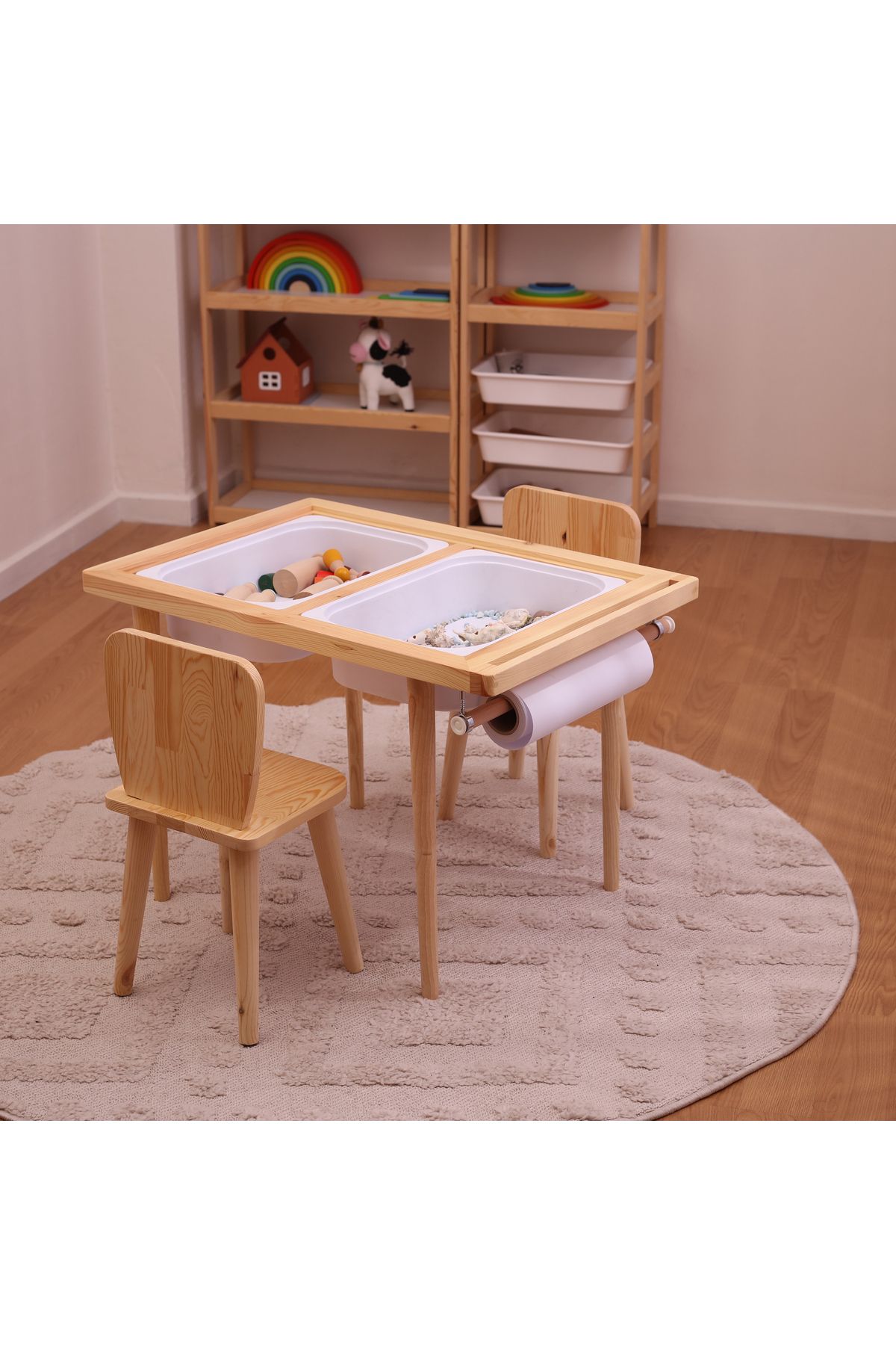 Monti Mania Montessori Çam Çocuk Aktivite Masası 2 Sepet Beyaz/kara Tahtalı Rulo Kişiselleştirilebilir 2-6 Yaş