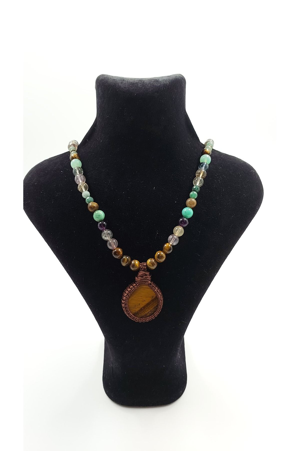 RIG Handmade Design Doğal Taş Kadın Kolye - Kaplan Gözü, Zümrüt, Krizokol, Florit ve Aventurin Taşlı El Yapımı Kolye