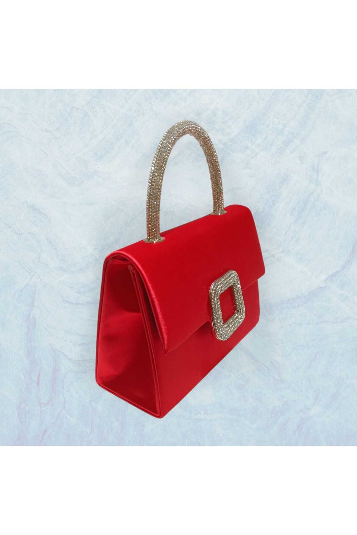 Butik-Beyabags Satin Red Buckle Detailed Evening Dress Bag with Handle 3
