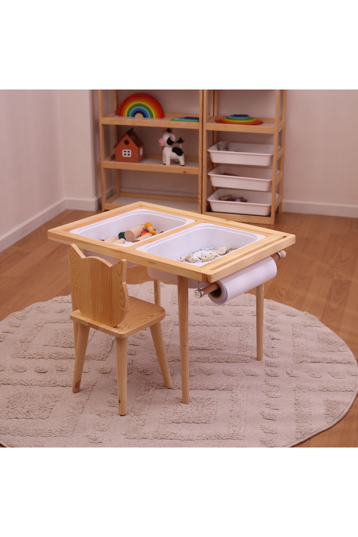 Monti Mania Montessori Çam Çocuk Aktivite Masası 2 Sepet Beyaz/kara Tahtalı Rulo Kişiselleştirilebilir 2-6 Yaş