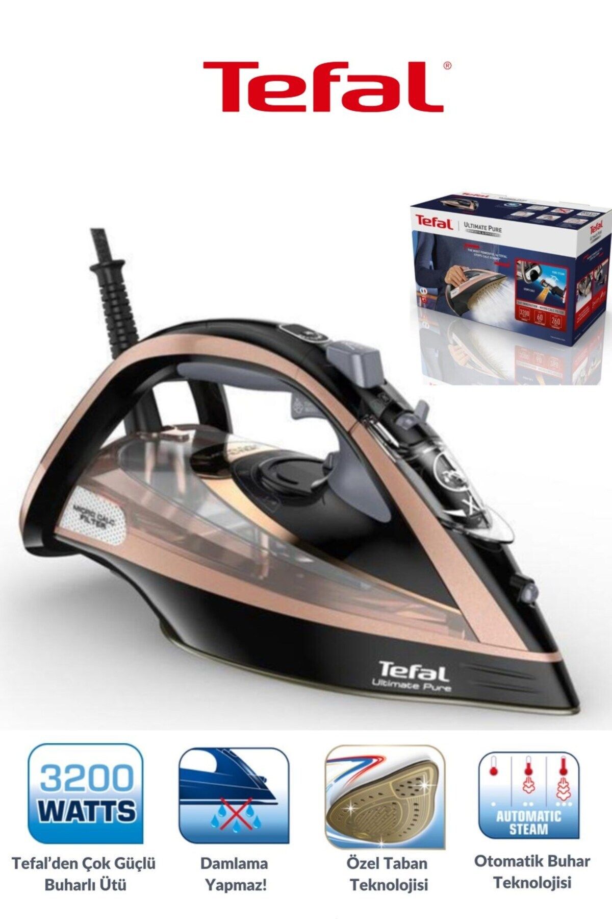TEFAL 3200W yüksek güçlü Akıllı Ultimate Pure Fv9845 Kireç Avcısı Buharlı Ütü