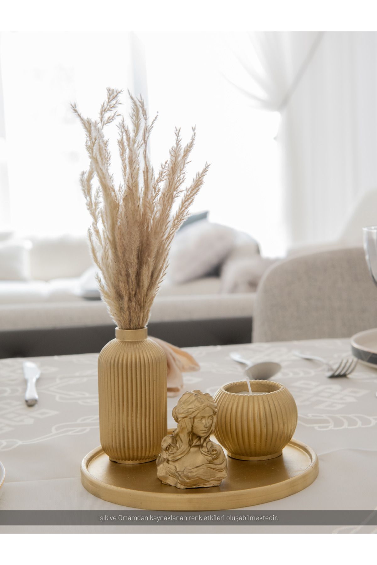 CreOr Golden Collection - Dekoratif 3'li Set - Tüylük & Mumluk & Figür Kadın - Altın Yaldızlı