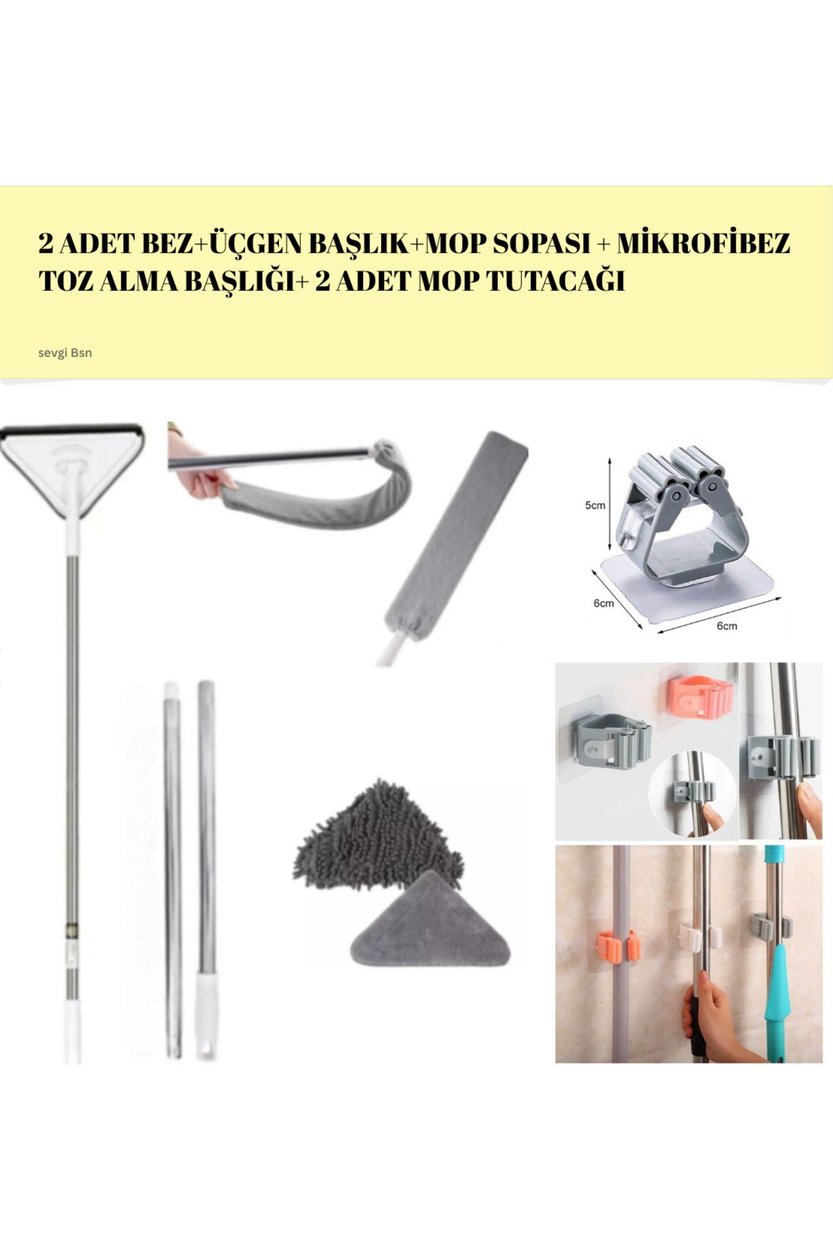 BORA HOME Set Dip Köşe Mop+Üçgen Camsil ve Mop Tutacağı Duvar Yüzey Cam Silme Aparatı Mikrofiber Toz Alma