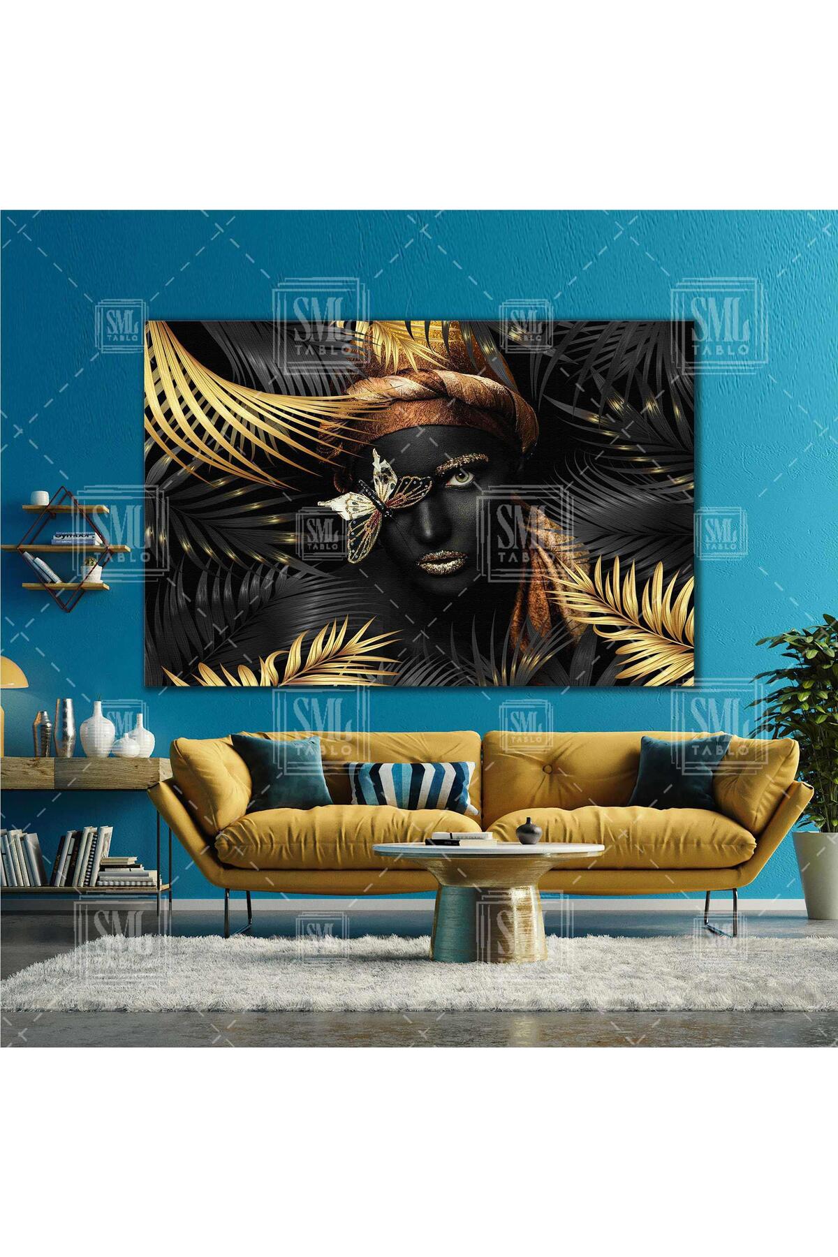 Butterfly-Eyed African Woman Black Gold Leaf Scarf Afrıcan Woman Horizontal Canvas Painting